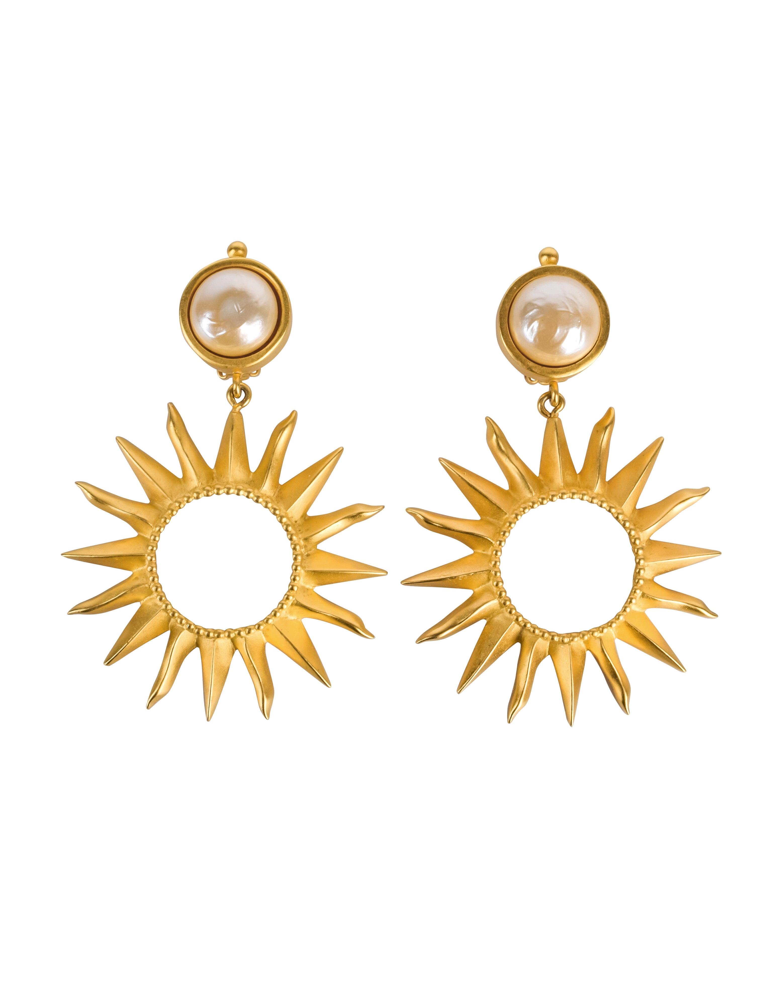 Karl Lagerfeld Vintage Massive Baroque Pearl and Sunburst Golden Statement Earrings