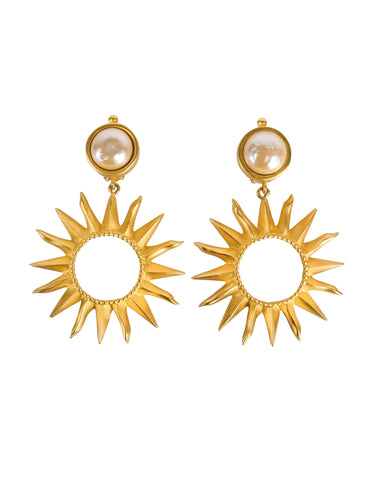 Karl Lagerfeld Vintage Massive Baroque Pearl and Sunburst Golden Statement Earrings