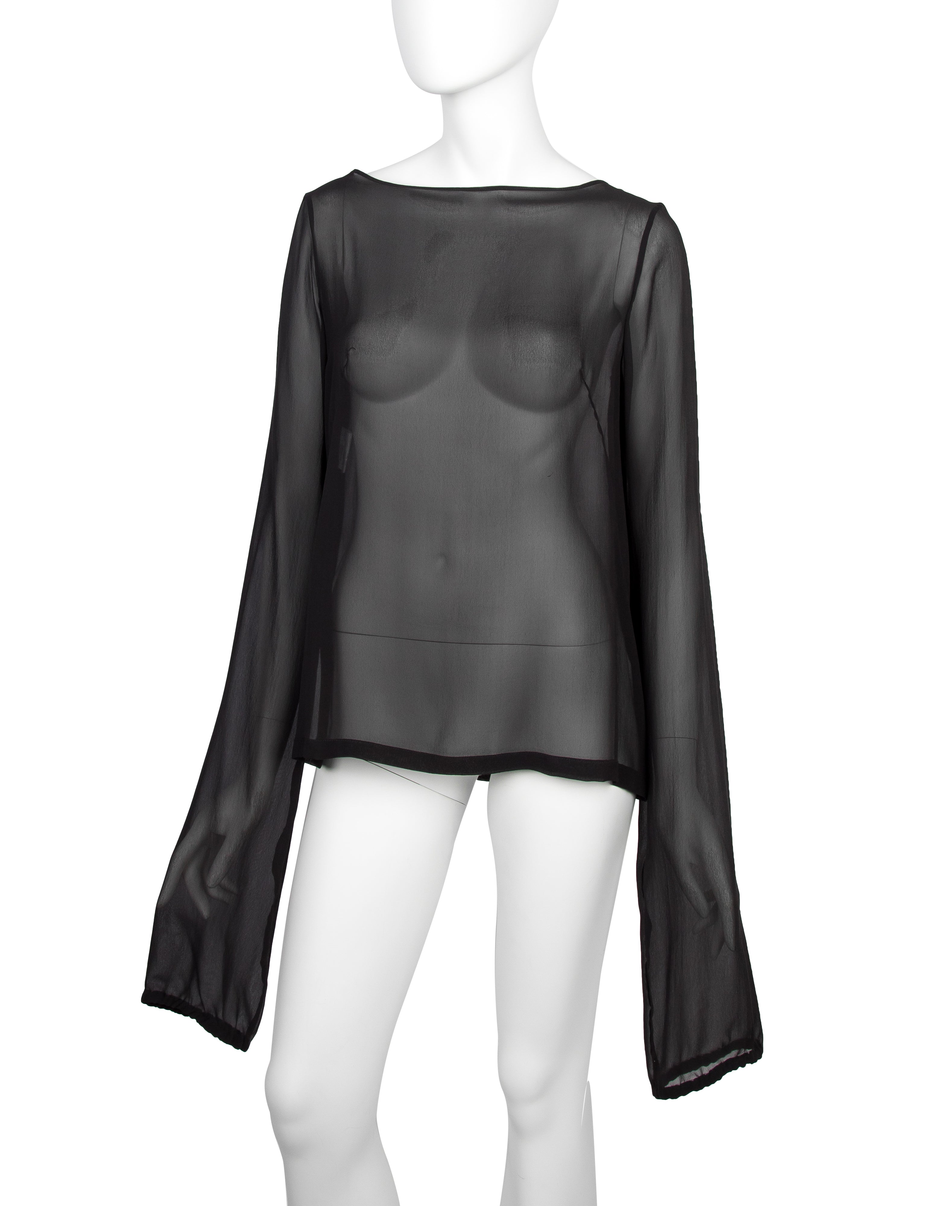Martin Margiela Vintage SS 2001 Sheer Black Silk Chiffon Top with Extra Long Sleeves