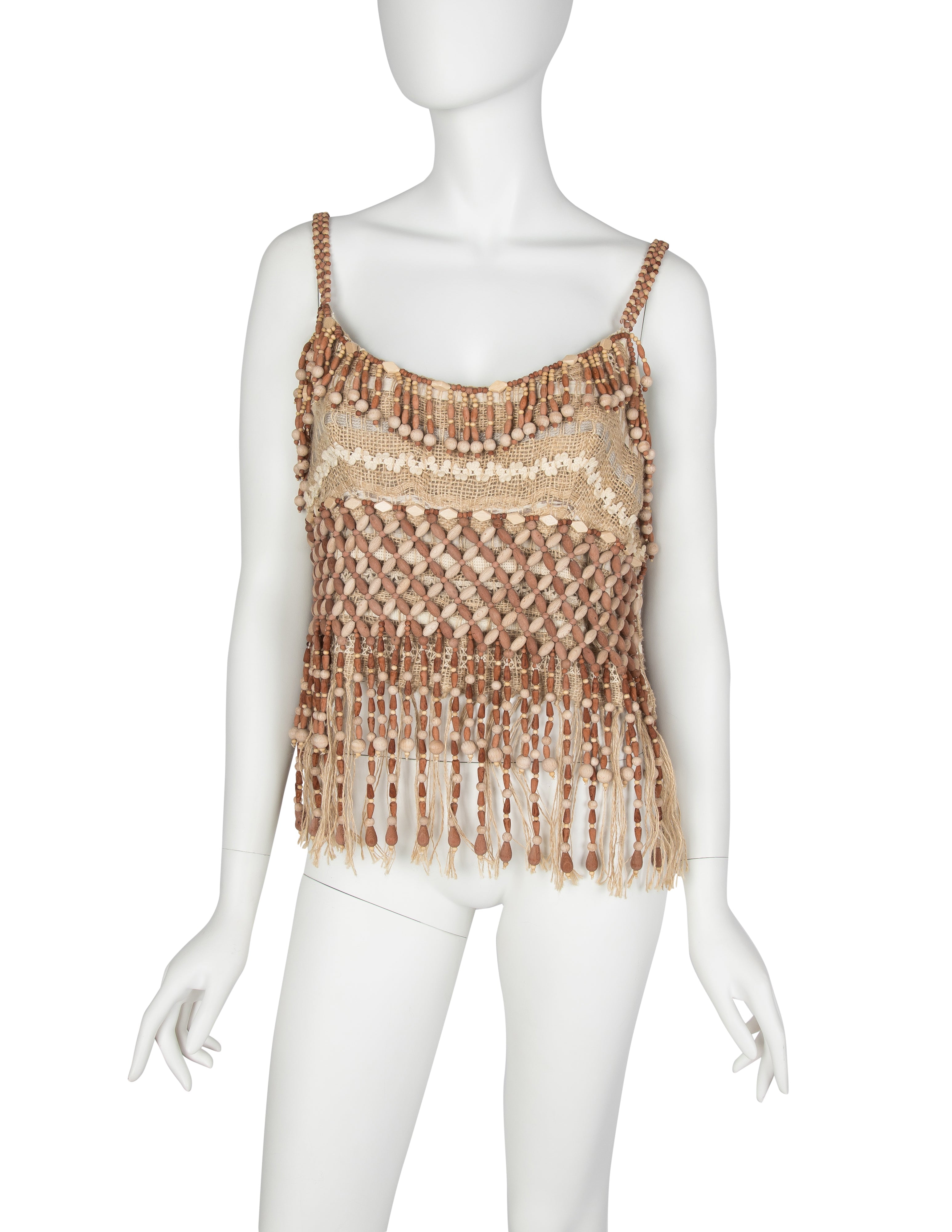 Moschino Couture! Vintage 1990s Wooden Beaded Fringe Top