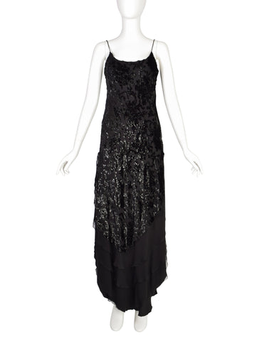 Mira Vintage Black Silk Chiffon Devore Velvet Bias Layered Beaded Dress