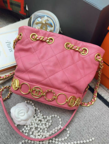 Chanel 23B pink leather gold chain bucket bag
