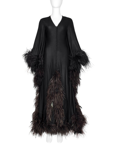New Dimensions Vintage 1970s Dramatic Ostrich Feather Trimmed Black Gown