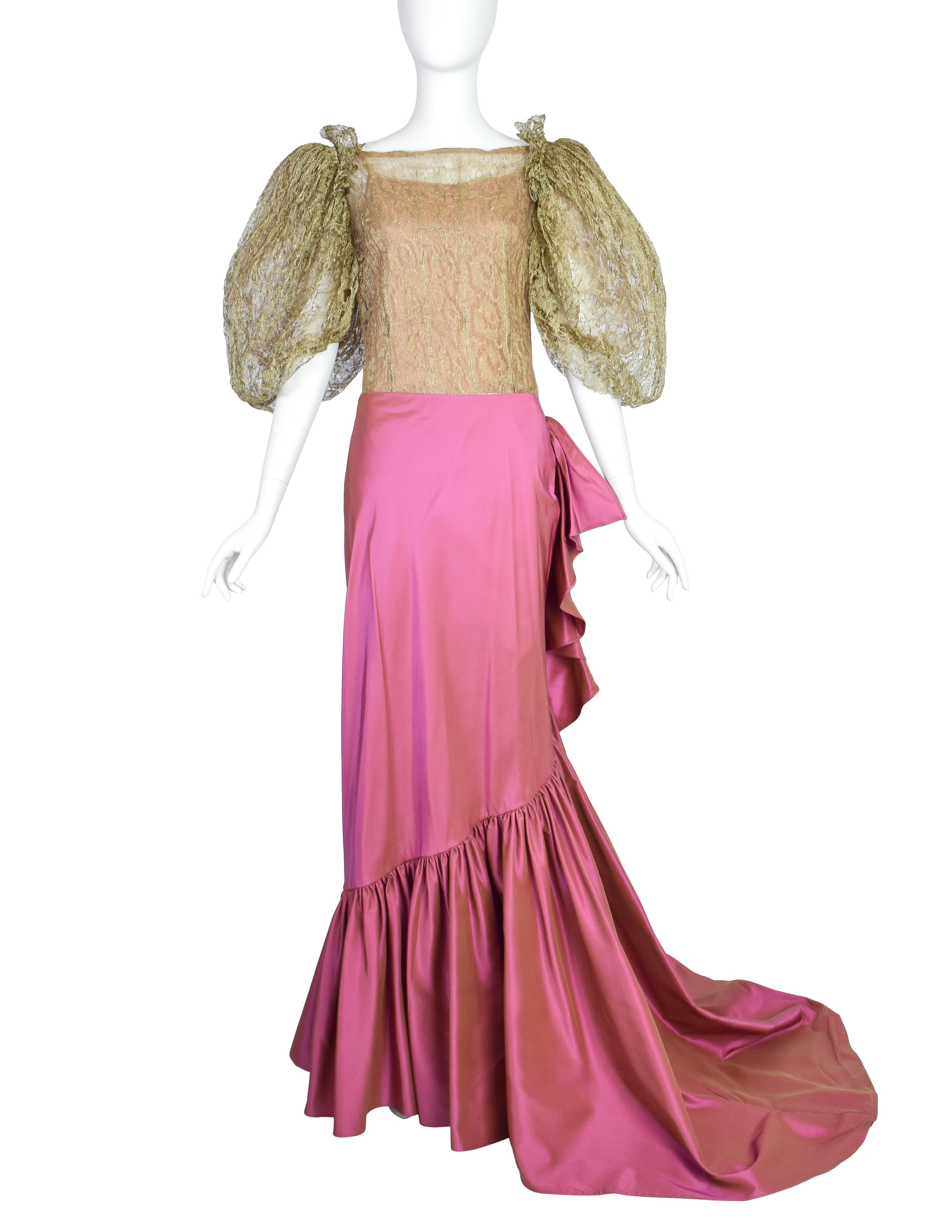 Oscar de la Renta 2001 Metallic Gold Lace Puff Sleeve Top and Pink Silk Taffeta Skirt Ensemble Set
