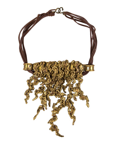 Pal Kepenyes Vintage Mid-Century Brutalist Sculptural Articulated Brass and Leather Statement Necklace