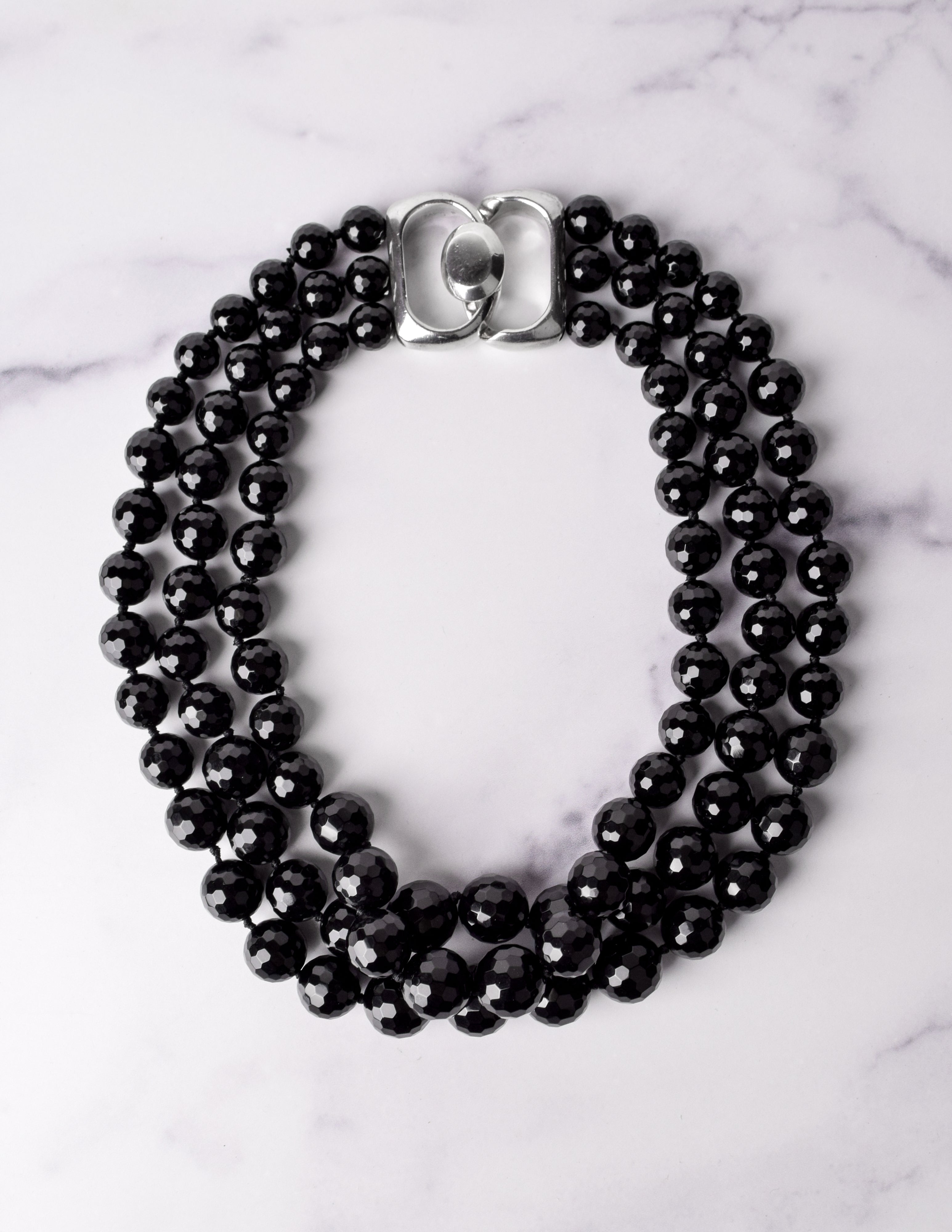 Patricia von Musulin Vintage Graduated Faceted Black Onyx and Sterling Silver Multistrand Necklace