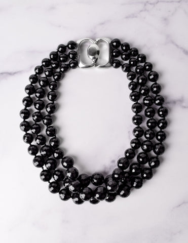 Patricia von Musulin Vintage Graduated Faceted Black Onyx and Sterling Silver Multistrand Necklace