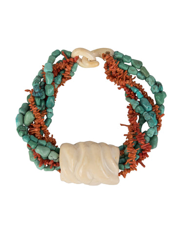 Patricia Von Musulin Vintage Carved Ivory Turquoise Coral Mulistrand Statement Necklace