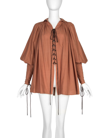 PX Helen Robinson Vintage Terracotta Cotton Lace Up Blouson Sleeve Poet Top