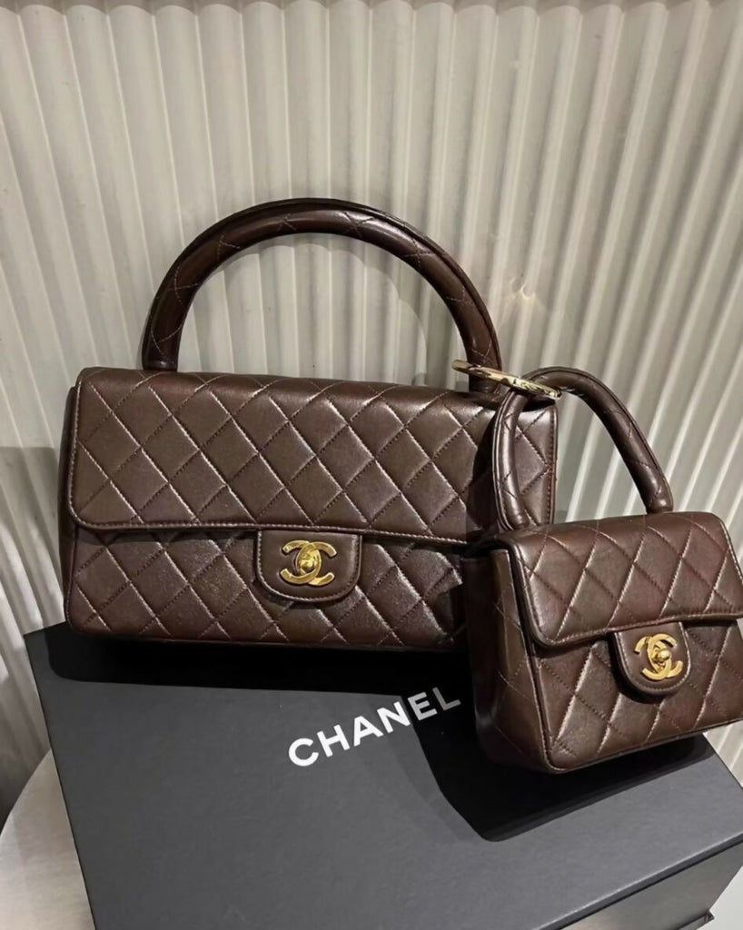 Vintage Chanel Kelly Mother and Daughter Flap Bag Set Brown Lambskin Gold Hardware