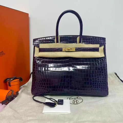 Hermès Birkin 35 Cassis Shiny Crocodile Leather Gold Hardware