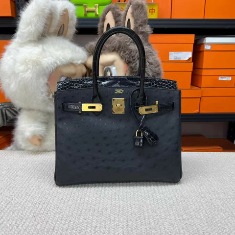 Hermès Birkin 30 Touch Black Ostrich and Shiny Crocodile Leather Gold Hardware