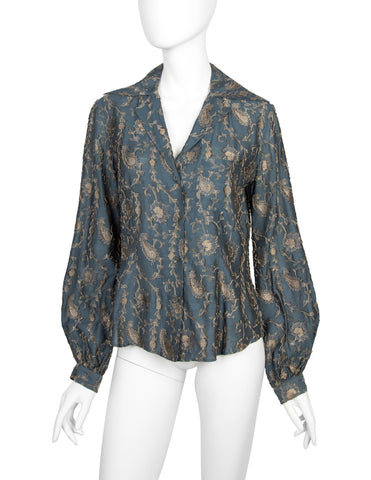 Romeo Gigli Vintage AW 1996 Blue Green Silk Jacquard Top