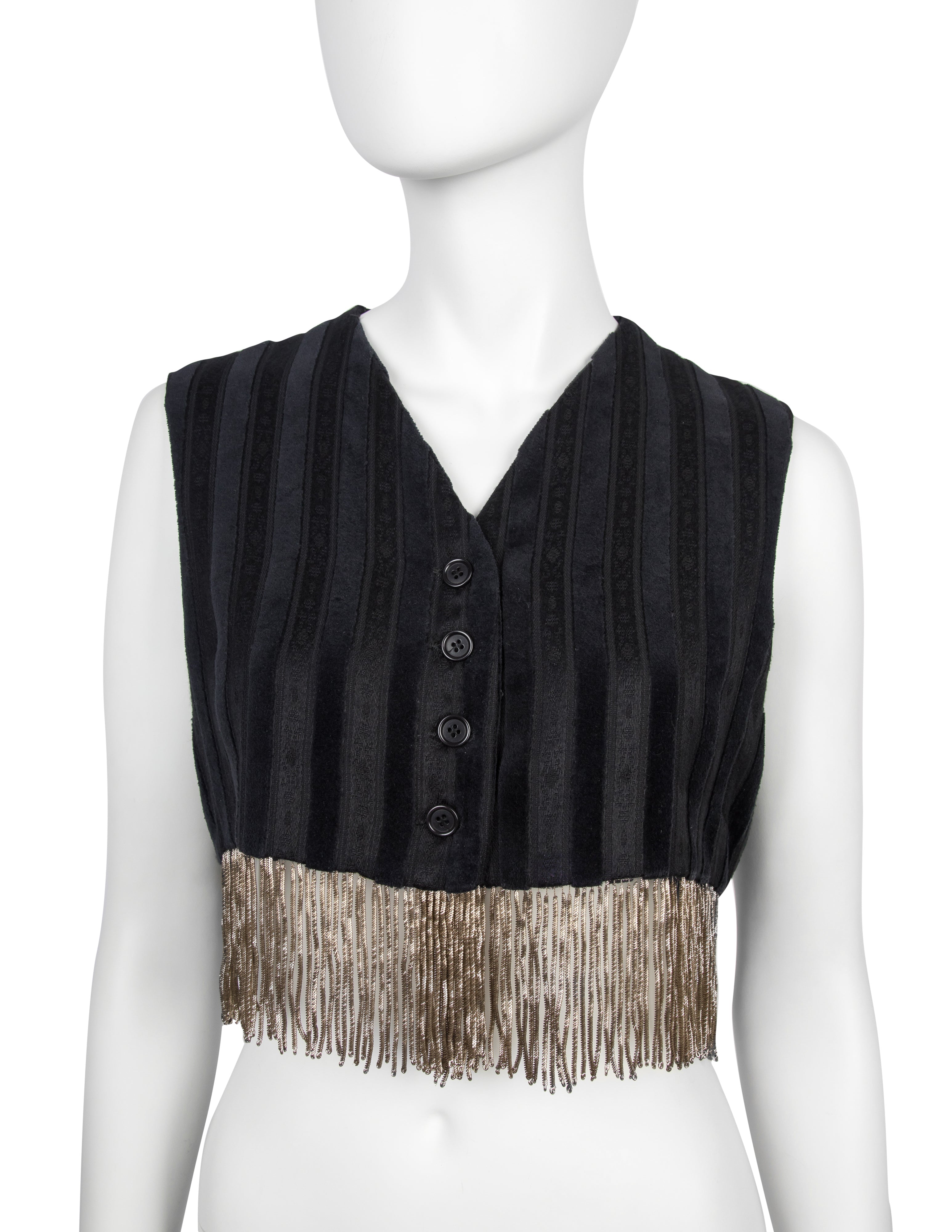 Romeo Gigli Vintage AW 1994 Black and Grey Velvet and Jacquard Golden Chain Fringe Cropped Vest