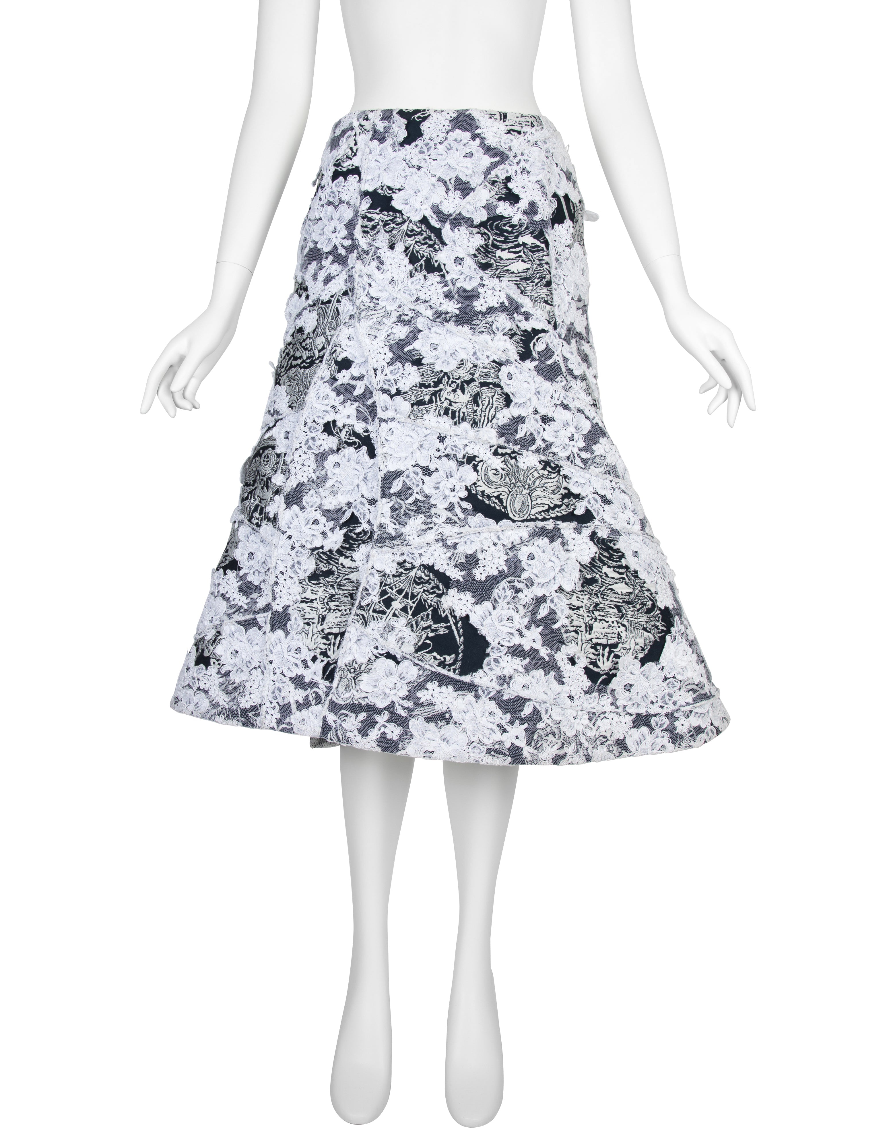 Thom Browne Rare SS 2014 Deepest Blue Ship Damask and White Lace Structured Skirt
