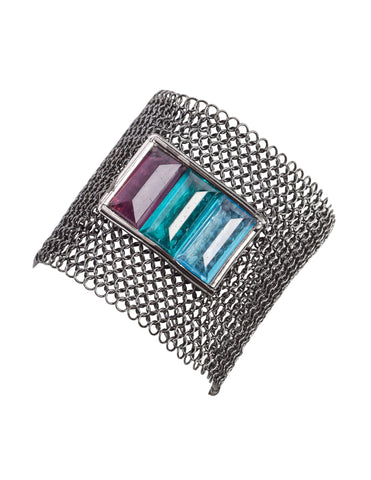 Ugo Correani Vintage Gunmetal Mesh Glass Jewel Bracelet