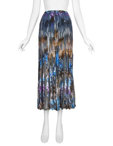 Valentino Vintage SS 1997 Multicolor Sequin Embellished Blue Silk Chiffon Skirt