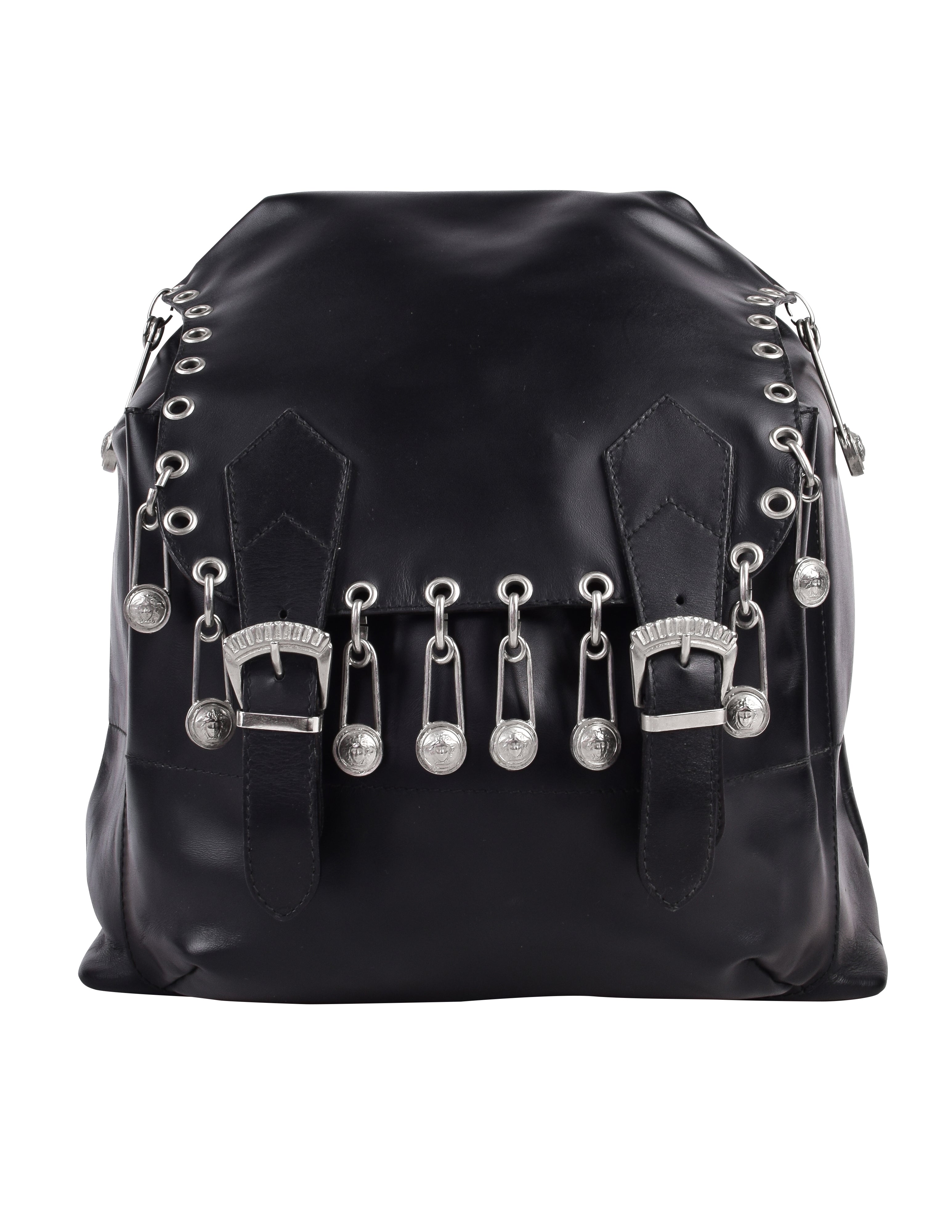 Gianni Versace Vintage SS 1994 Silver Safety Pin Embellished Black Leather Backpack