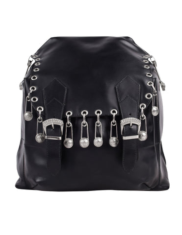 Gianni Versace Vintage SS 1994 Silver Safety Pin Embellished Black Leather Backpack