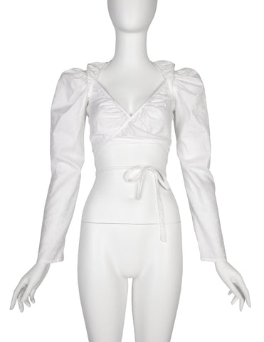 Vivienne Westwood Vintage SS 1999 White Floral Jacquard Puffy Mutton Sleeve Cropped Wrap Top