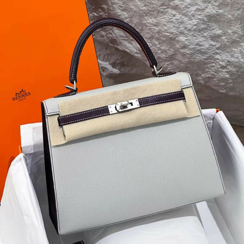 Hermès Special Order (HSS) Kelly Sellier 25 Gris Perle and Cassis Chevre Mysore Palladium Hardware