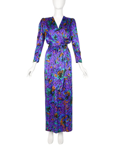 Yves Saint Laurent Vintage 1980s Purple Mulricolor Floral Silk Charmeuse Surplice Gown