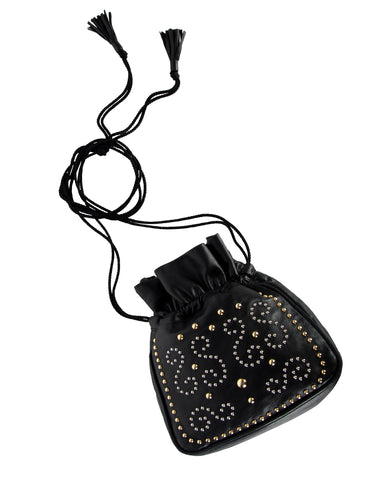 Yves Saint Laurent Vintage Silver and Gold Studded Black Leather Drawstring Crossbody Bag