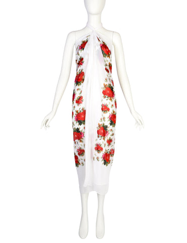 Yves Saint Laurent Vintage SS 1977 Spanish Collection White and Rose Print Oversized Cotton Pareo Sarong Wrap Scarf