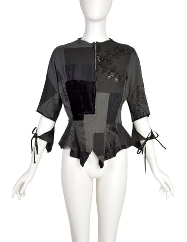 Yohji Yamamoto Vintage Blue Grey Patchwork Embroidered Beaded Sequin Floral Peplum Tail Top