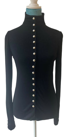 CHANEL 13P BLACK BLOUSE TOP PEARL CC BUTTONS FR 36