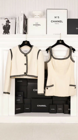 Chanel 1993 écru & black cropped jacket and top set