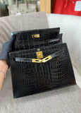 Vintage Hermes kelly 32 black shiny crocodile leather gold hardware