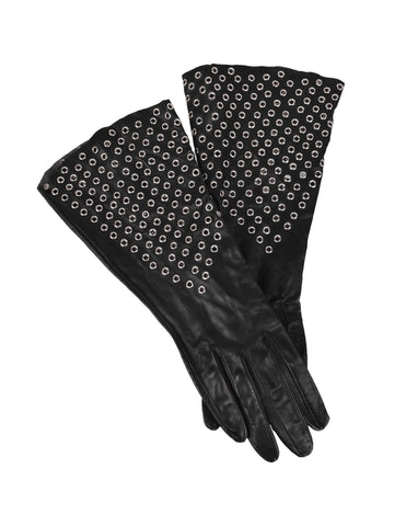 Azzedine Alaia Vintage 1980s Black Leather Eyelet Grommet Gauntlet Gloves