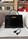 Vintage Hermes kelly 32 black shiny crocodile leather gold hardware
