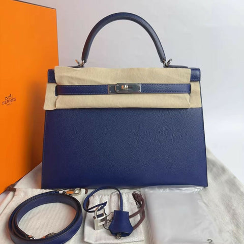 Hermès Kelly 32 Blue navy Epsom Leather Palladium hardware