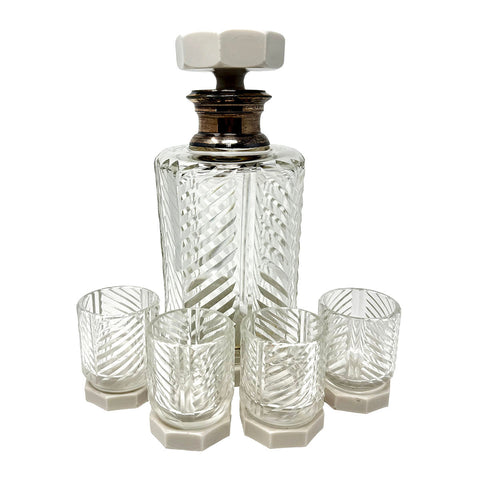 Vintage 5-Piece Decanter Set with Ceramic Trim and Metal Collar