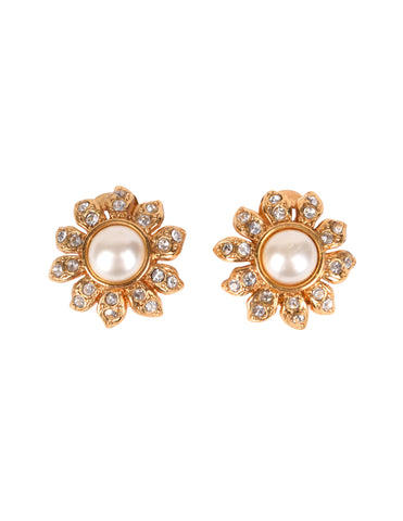 Chanel Vintage AW 1996 Small Pearl and Rhinestone Golden Floral Earrings
