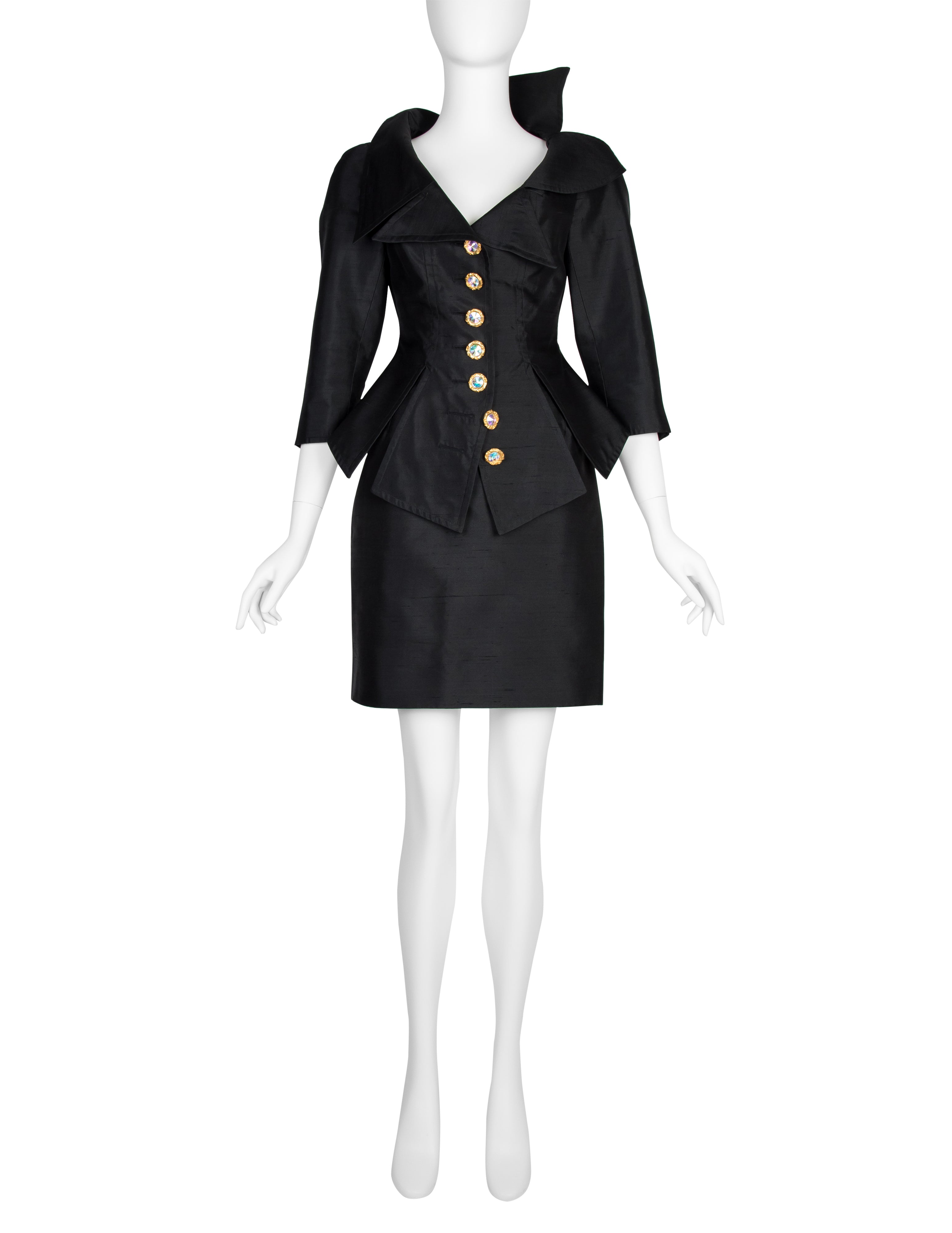 Christian Lacroix Vintage SS 1994 Vampy Black Silk Mini Skirt Suit