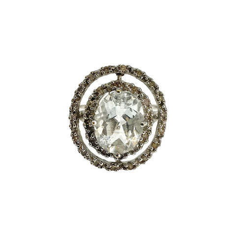 14K White Gold Ring with Aquamarine and CZ