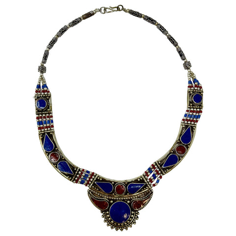 Tribal Red and Blue Inlay Silver Choker Necklace