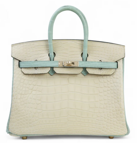 HERMÈS Special Order Birkin 25 Vanille/Vert d’Eau Matte Alligator Leather Permabrass Hardware