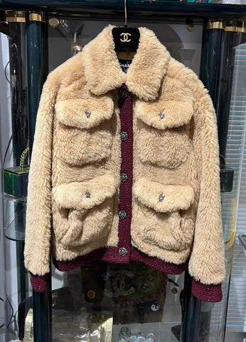 Chanel 22K silk fur jacket in beige and burgundy