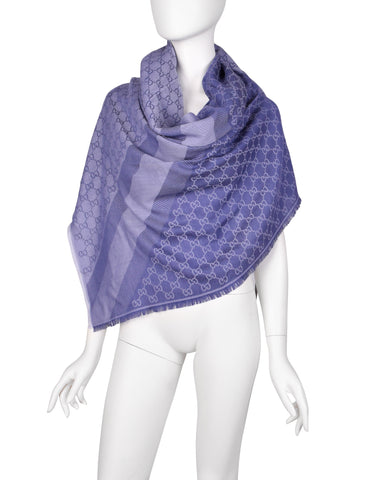 Gucci Vintage Shades of Blue GG Monogram Silk Wool Oversized Shawl Pashmina Scarf