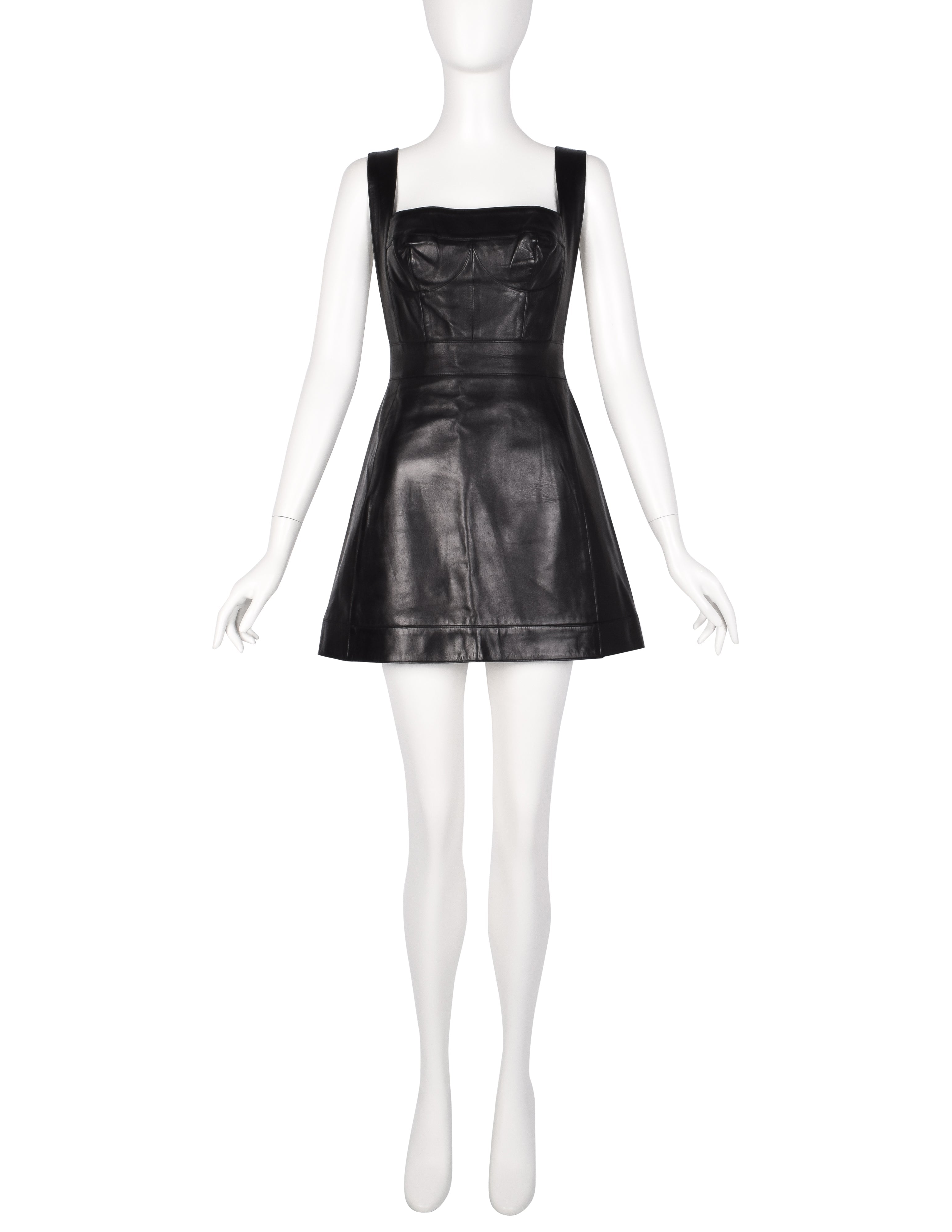 Herve Leger Vintage Black Leather Bustier Mini Dress