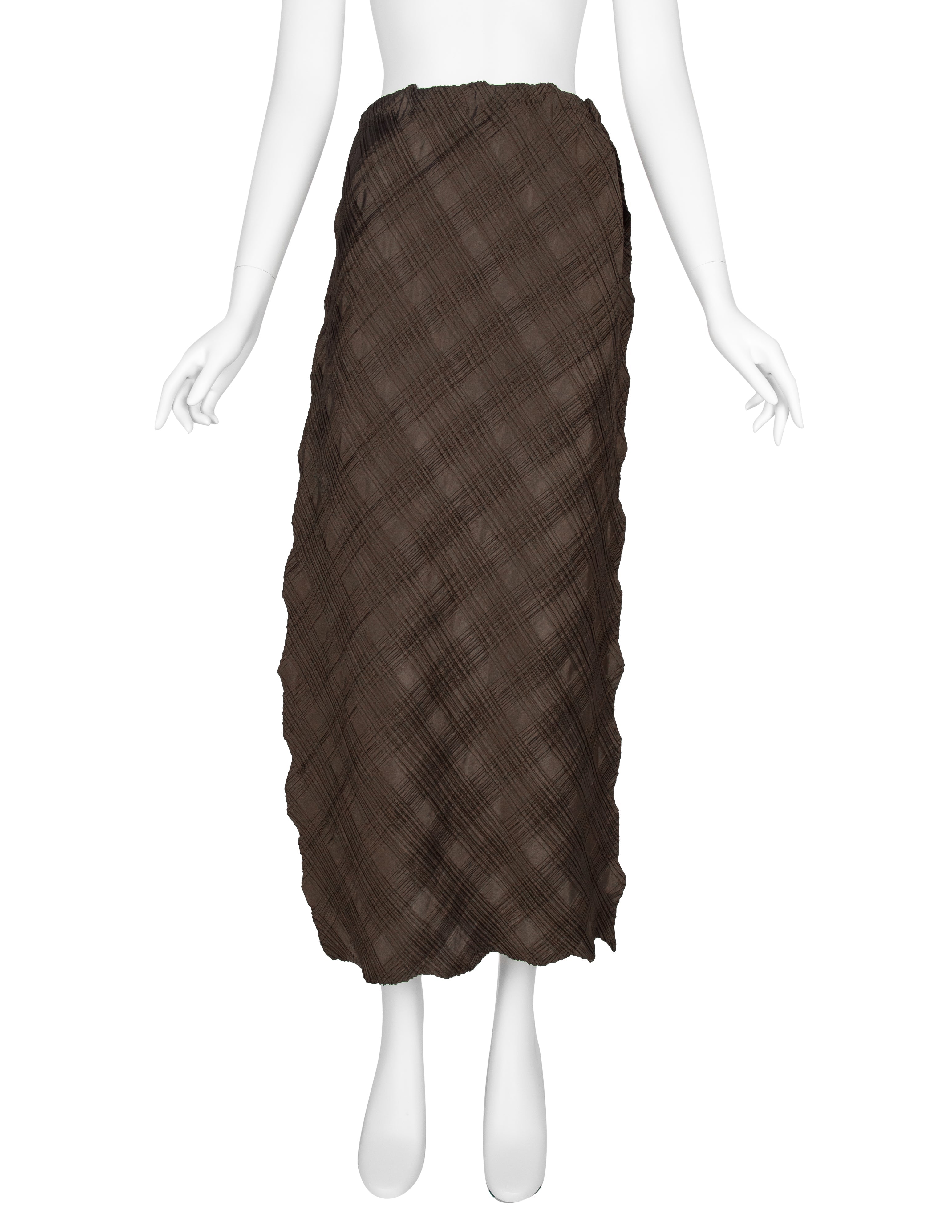 Issey Miyake Vintage Deep Olive Brown Iridescent Cross Pleated Off-Set Skirt