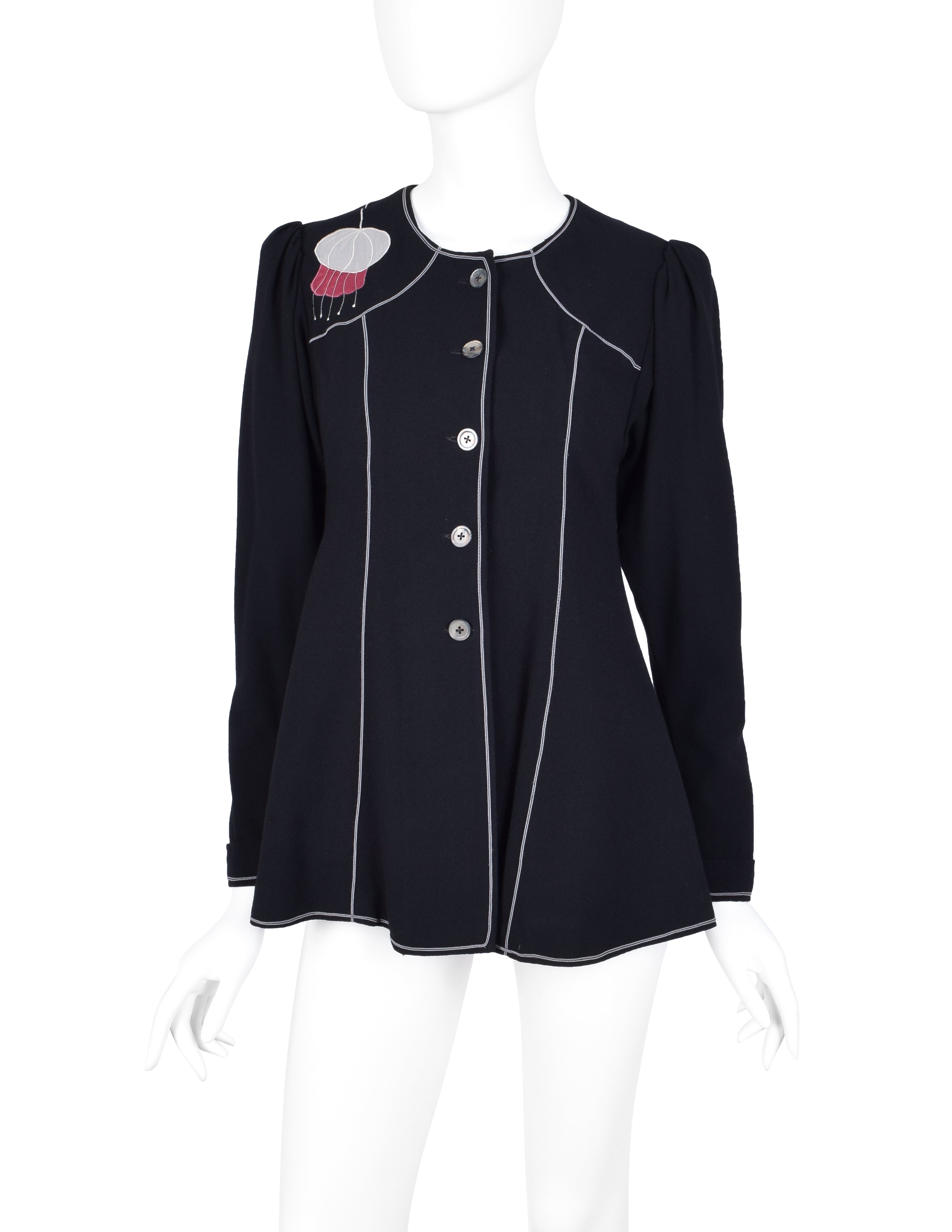 Janice Wainwright Vintage 1972-73 Bird Flower Applique Black Wool Crepe Jacket