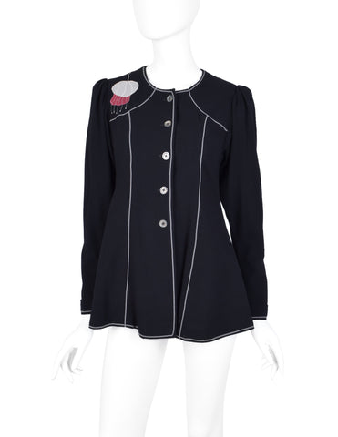 Janice Wainwright Vintage 1972-73 Bird Flower Applique Black Wool Crepe Jacket