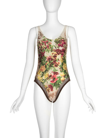 Jean Paul Gaultier Vintage SS 1999 Botanical Floral Print and Fishnet Swimsuit
