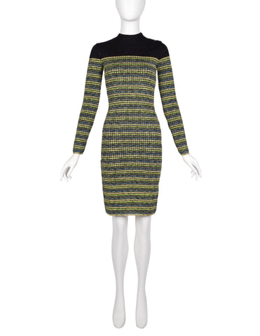 Jean Paul Gaultier Vintage AW 1990 Green Blue Black Gold Sparkly Striped Knit Mini Dress