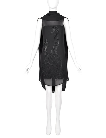 John Richmond Vintage Black Sheer Silk Beaded Dragon Mini Dress with Attached Scarf Cape